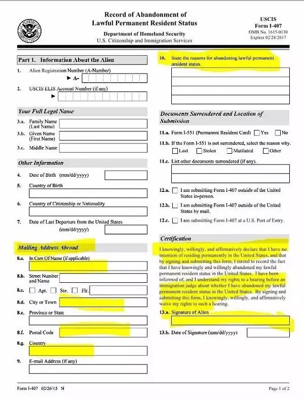 I407自愿放棄綠卡表格